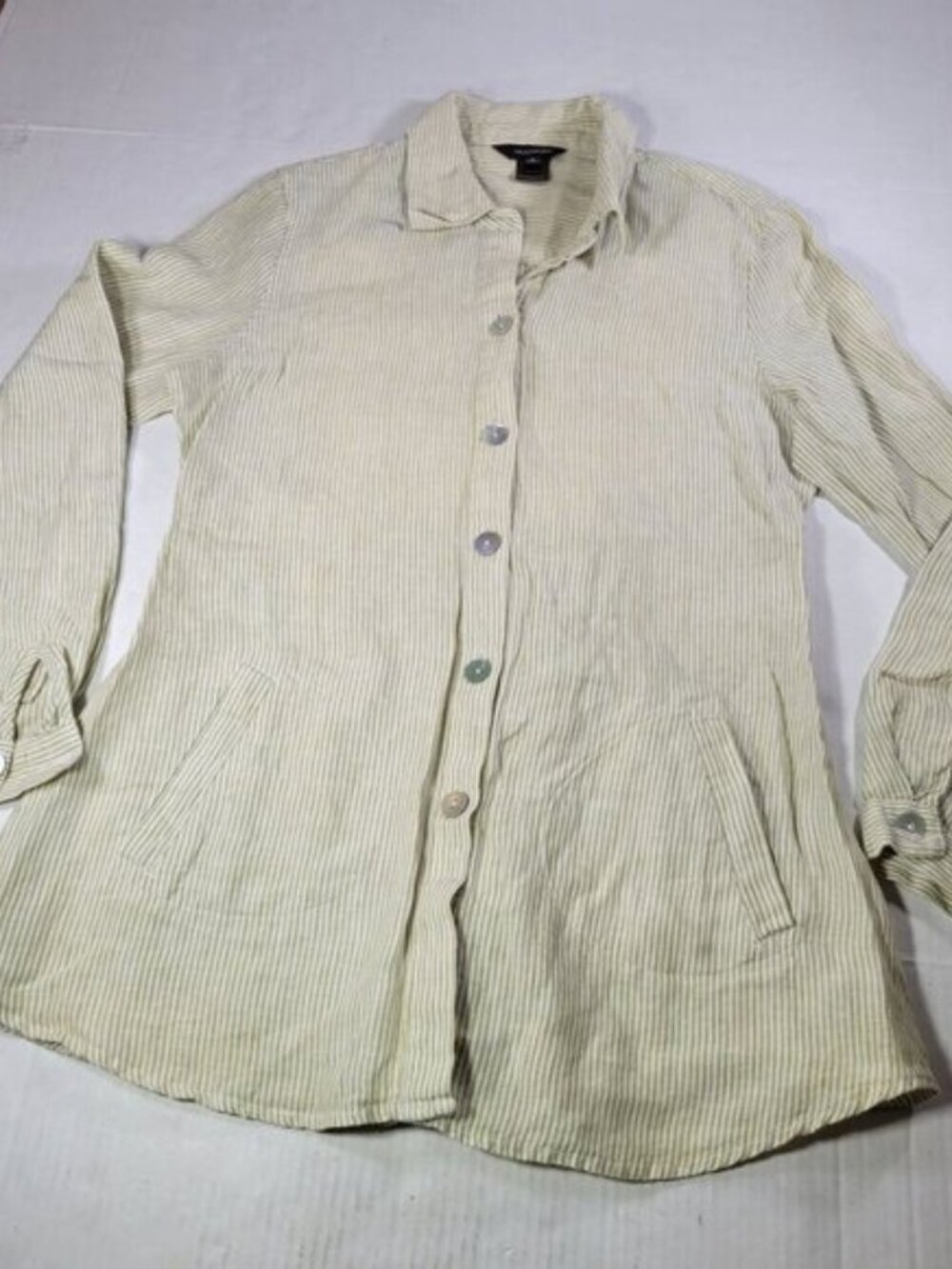 Multiples Light Green & White Striped Linen Button-Up Tunic Shirt Jacket Size S